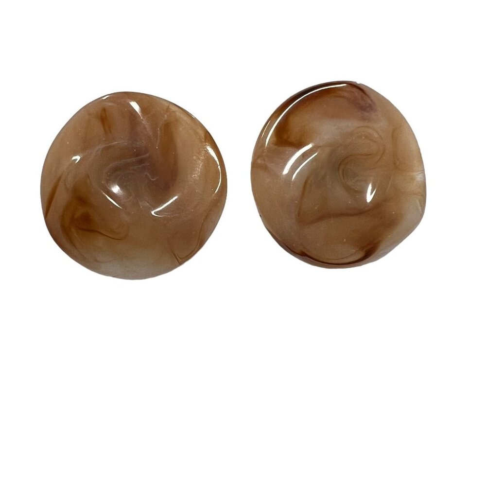 Vintage Acrylic Clip‎ On Earrings Round Brown Peach Swirl